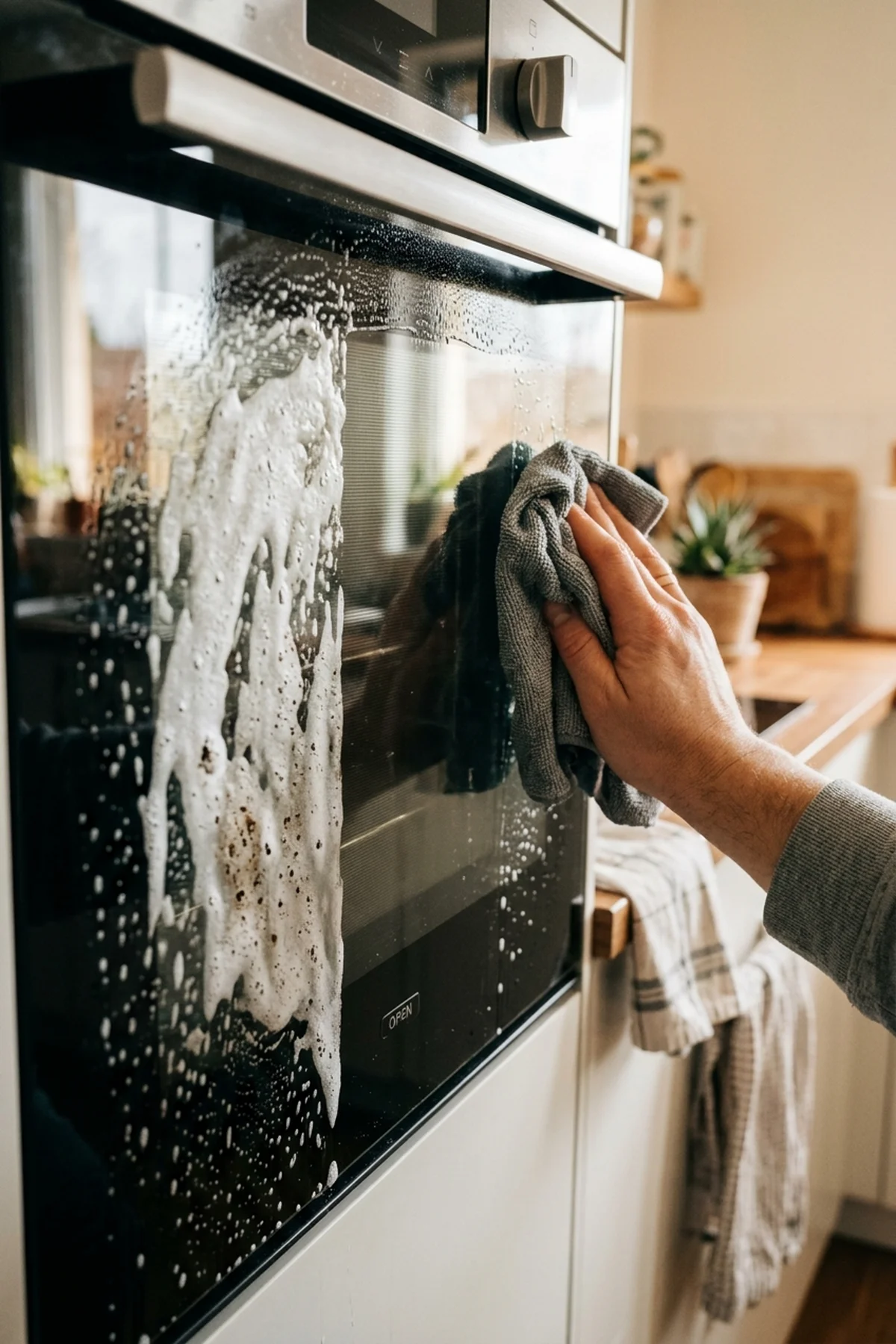 15 Best Cleaning Hacks That Professional Housekeepers Swear By (2026) 2 1. The Dish Spray Dwell Trick for Baked-On Oven Glass & Grease - cleaning hacks (AI Generated Image)