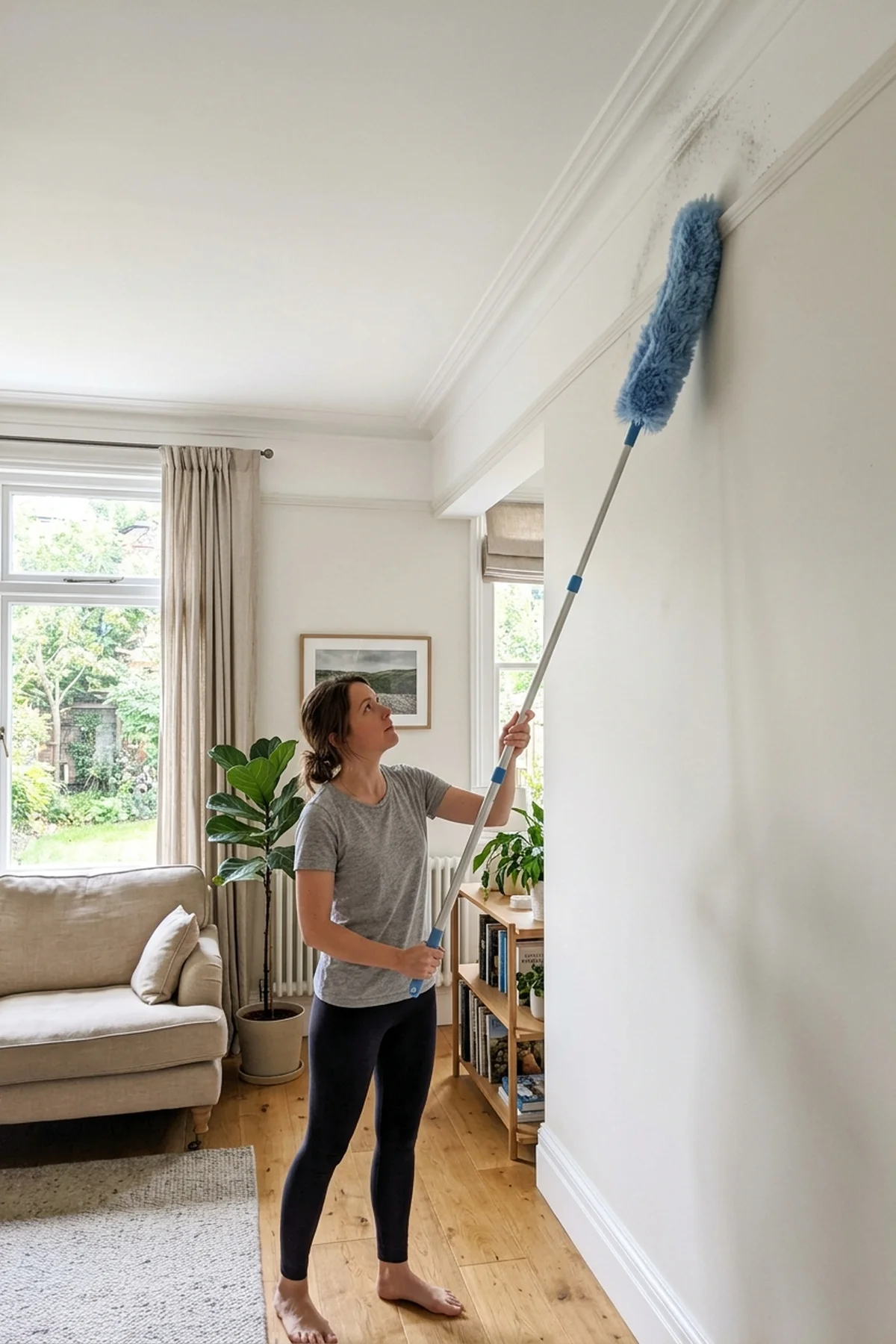 7 Best Ways to Clean Walls Without Damaging Paint (2026) 2 1. Dry Dusting & Vacuuming Prep to Prevent Muddy Streaks - how to clean walls (AI Generated Image)