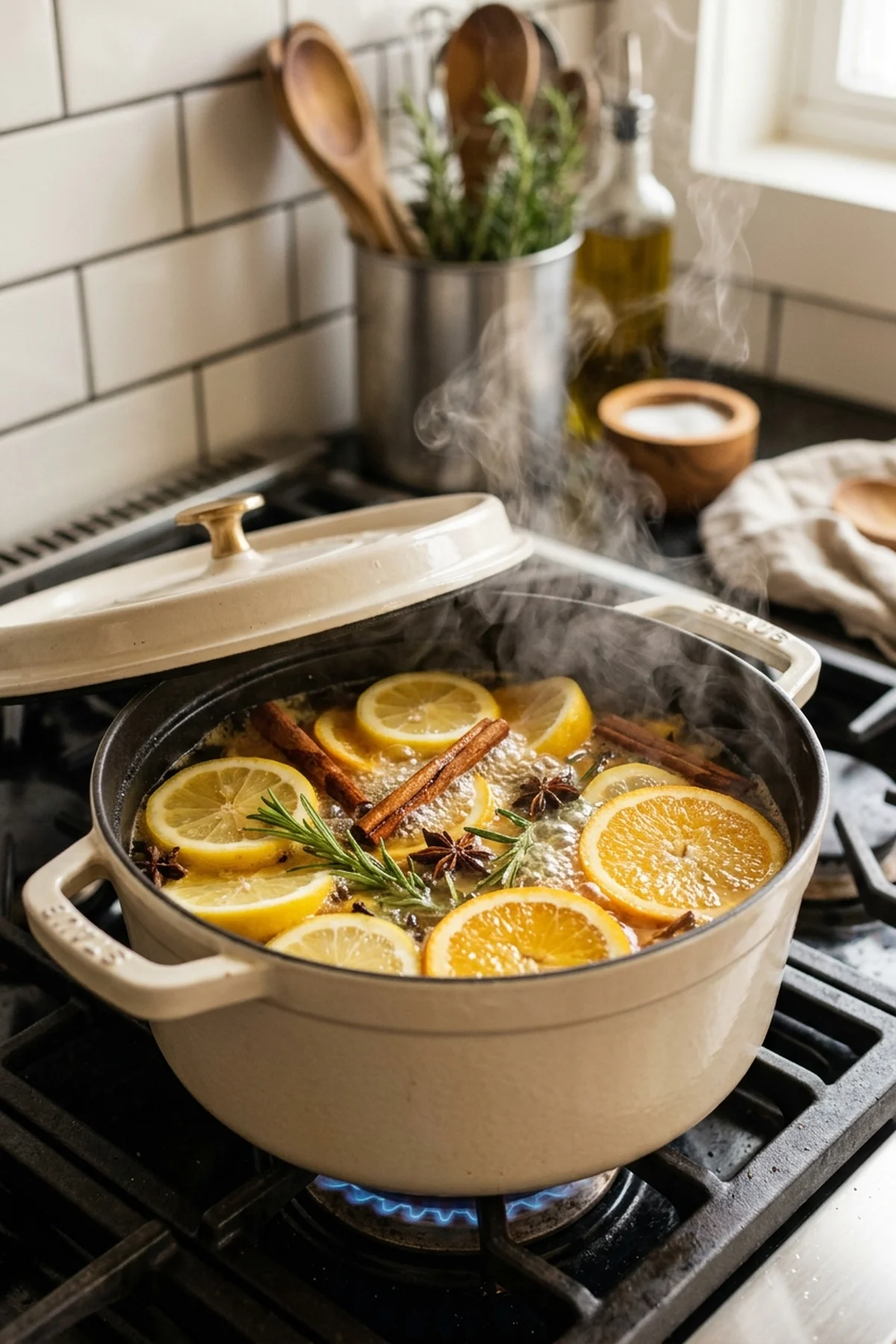 1. Simmer Pot Alchemy with Citrus Slices, Rosemary, and Cinnamon Sticks - how to make your house smell good (AI Generated Image)
