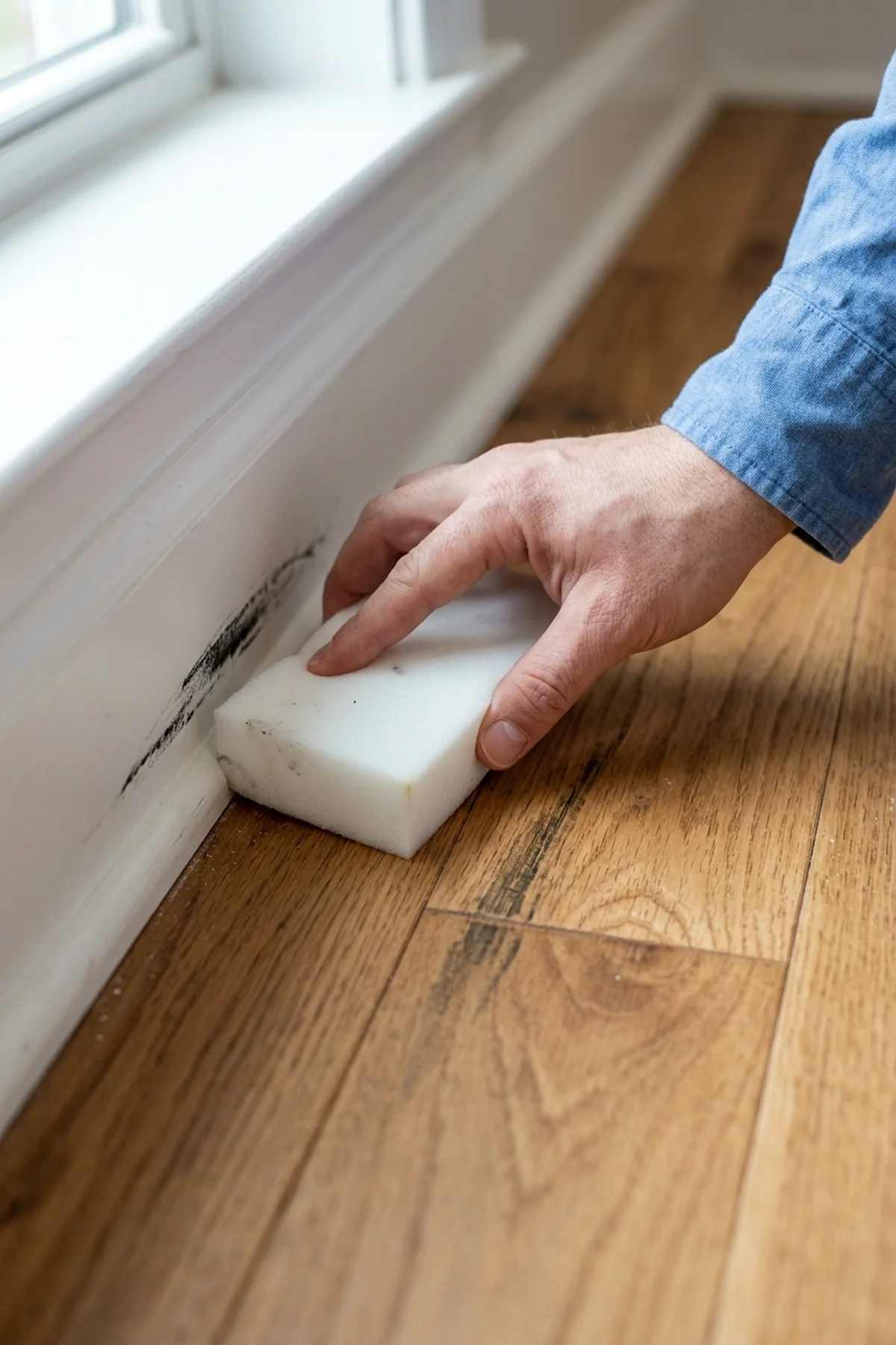 15 Best Cleaning Hacks That Professional Housekeepers Swear By (2026) 12 11. Micro-Abrasive Melamine Foam for Scuffed Baseboards & Painted Trim - cleaning hacks (AI Generated Image)