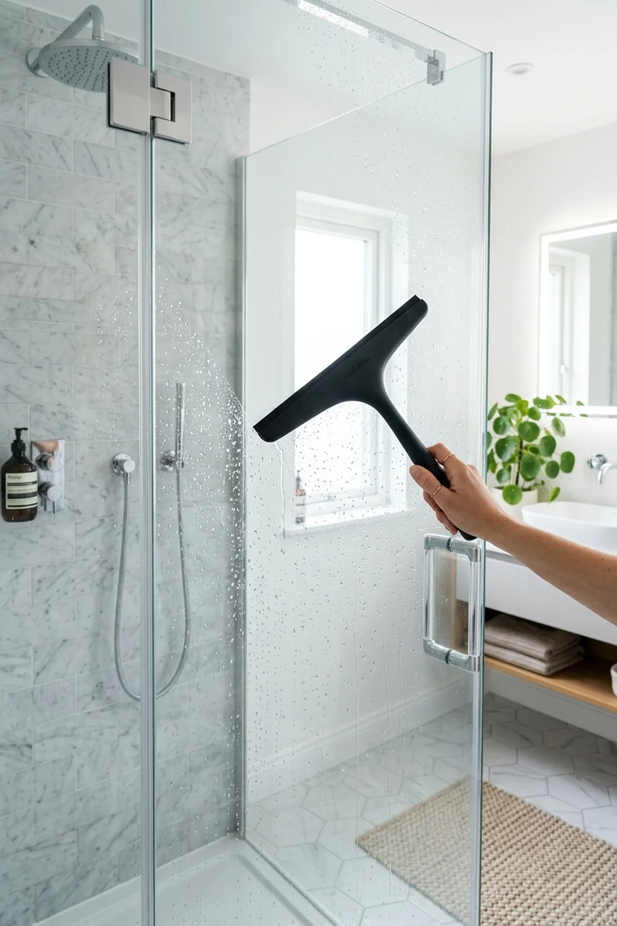 15 Best Cleaning Hacks That Professional Housekeepers Swear By (2026) 13 12. Daily Silicone Blade Wipe-Down to Stop Soap Scum & Hard Water Etching - cleaning hacks (AI Generated Image)