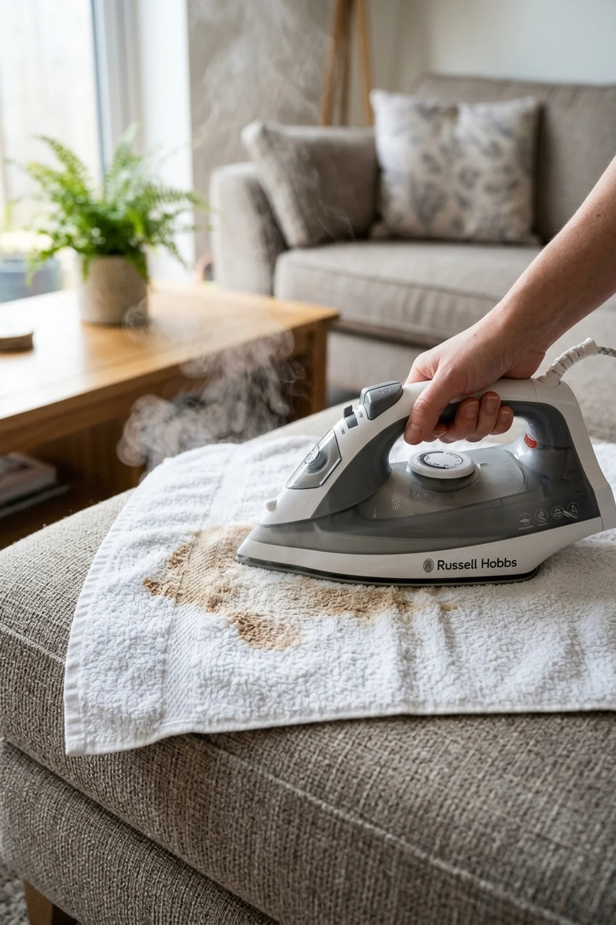 15 Best Cleaning Hacks That Professional Housekeepers Swear By (2026) 15 14. Steam Heat and Damp Terry Towel Transfer for Set-In Textile Stains - cleaning hacks (AI Generated Image)