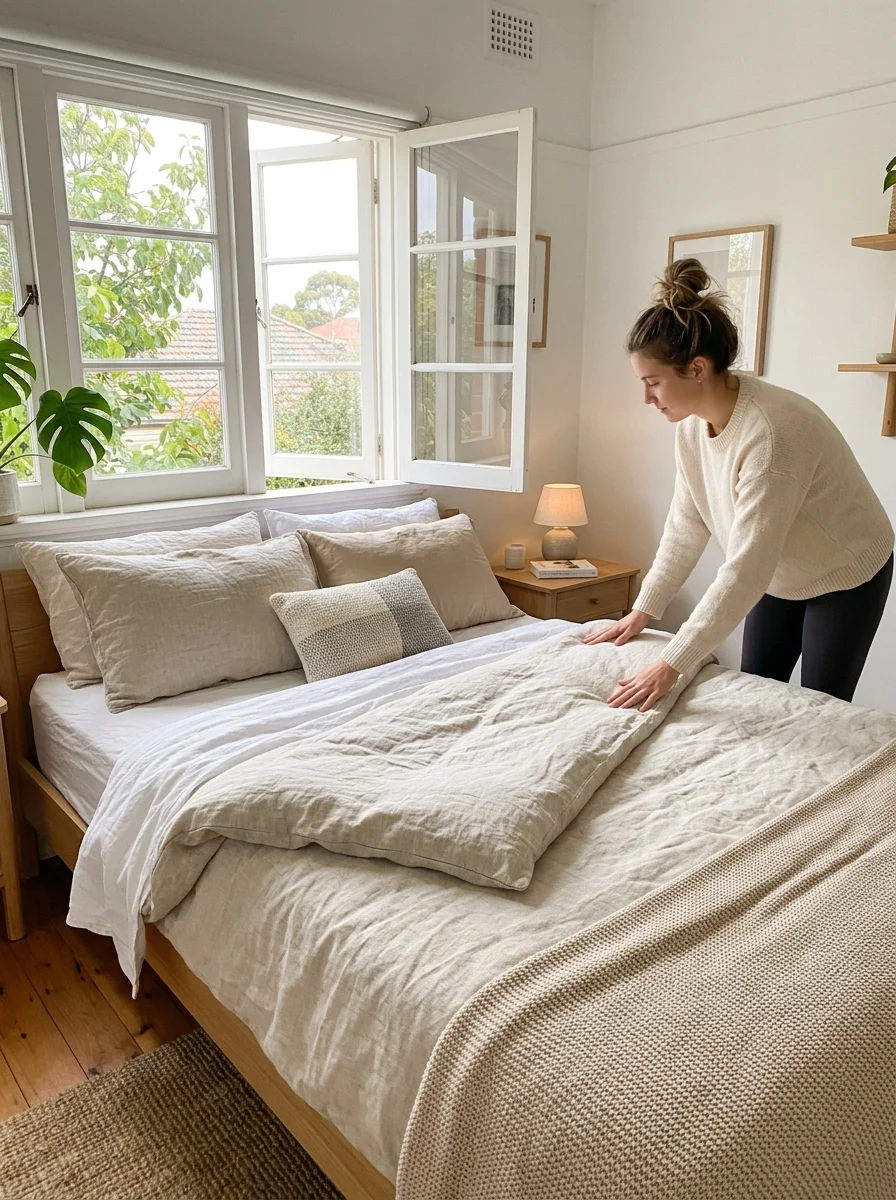 The Realistic Daily Cleaning Checklist: 7 Anti-Burnout Chores 3 daily cleaning checklist 2-minute bed reset morning bedroom air-out (AI Generated Image)