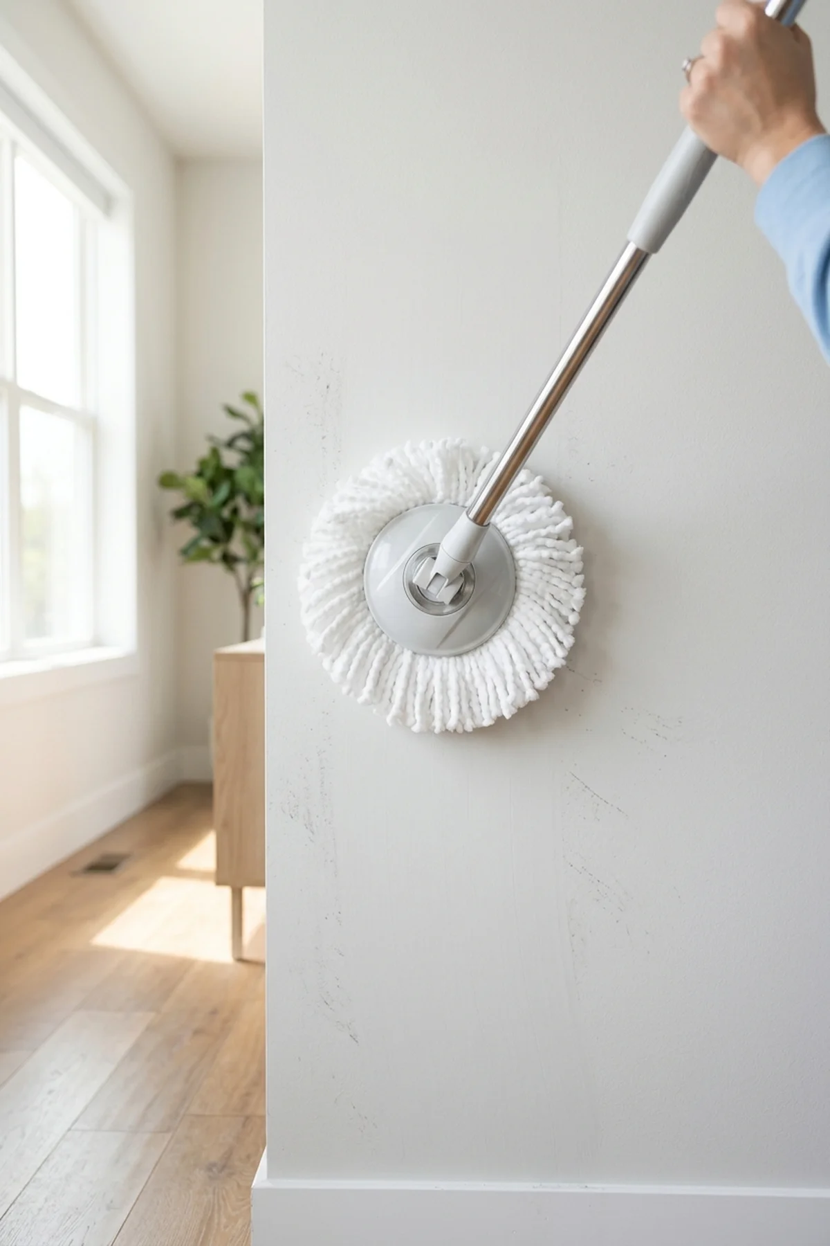7 Best Ways to Clean Walls Without Damaging Paint (2026) 4 3. Viral Microfiber Spin Mop Technique for Whole-Room Speed Cleaning - how to clean walls (AI Generated Image)