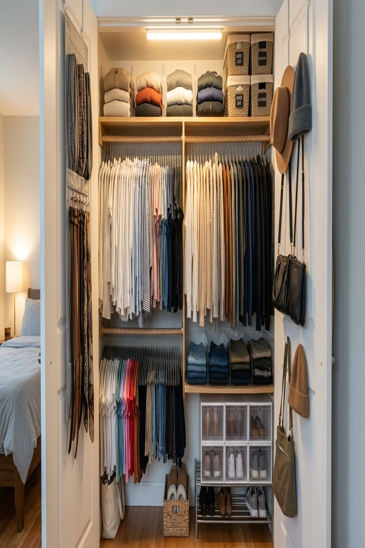 24. Floor-Clearance Floating Shelves to Maximize Hamper and Luggage Base Footprint - closet organization ideas (AI Generated Image)