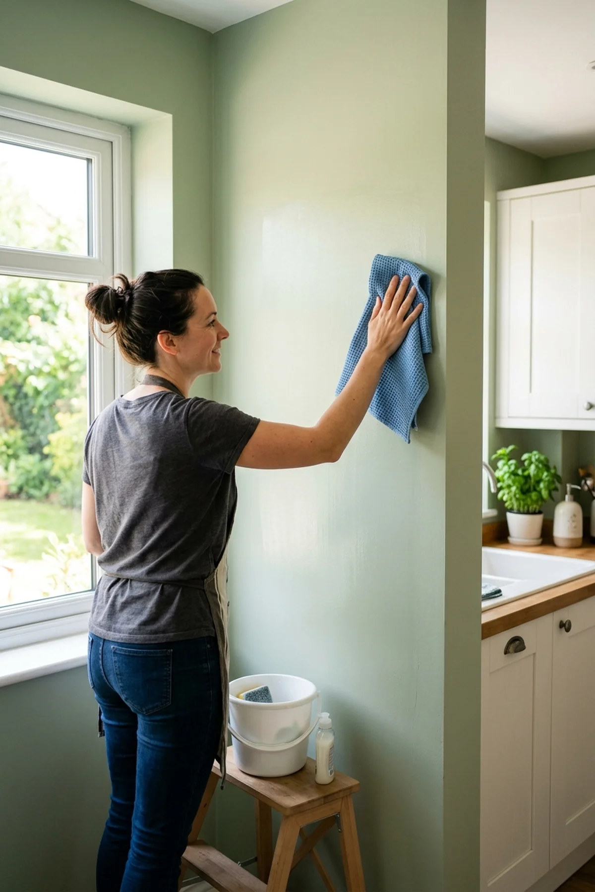 7 Best Ways to Clean Walls Without Damaging Paint (2026) 8 7. Bottom-to-Top Dual-Bucket Rinse Routine for Streak-Free High-Gloss Walls - how to clean walls (AI Generated Image)