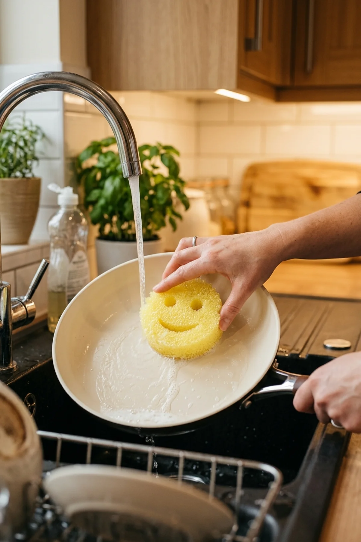 15 Best Cleaning Hacks That Professional Housekeepers Swear By (2026) 6 5. Temperature-Responsive Polymer Sponge for Scratch-Free Dish & Pan Reset - cleaning hacks (AI Generated Image)