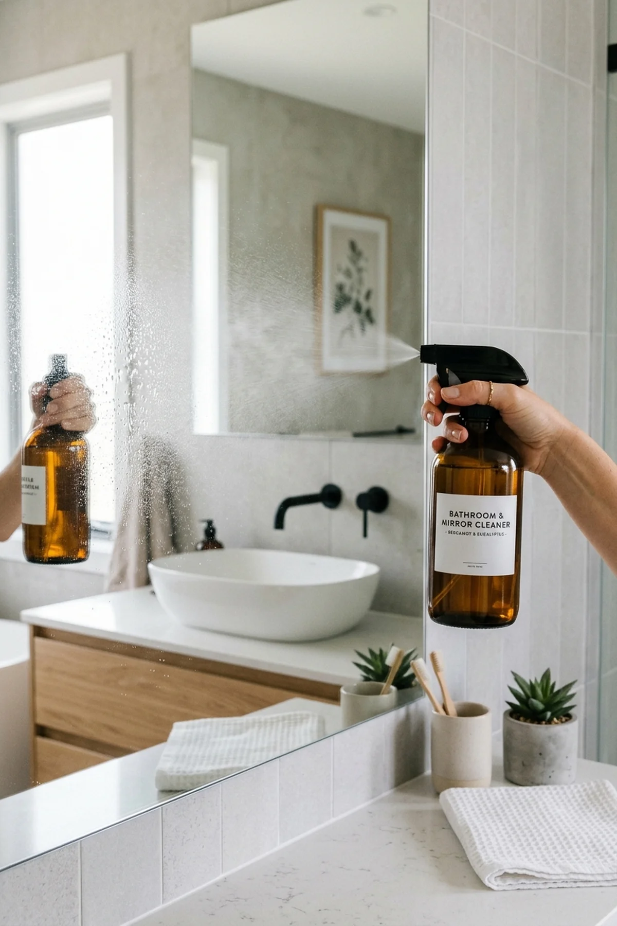 15 Best Cleaning Hacks That Professional Housekeepers Swear By (2026) 9 8. Fast-Evaporating Alcohol Mist for Crystal-Clear Window & Mirror Polishing - cleaning hacks (AI Generated Image)