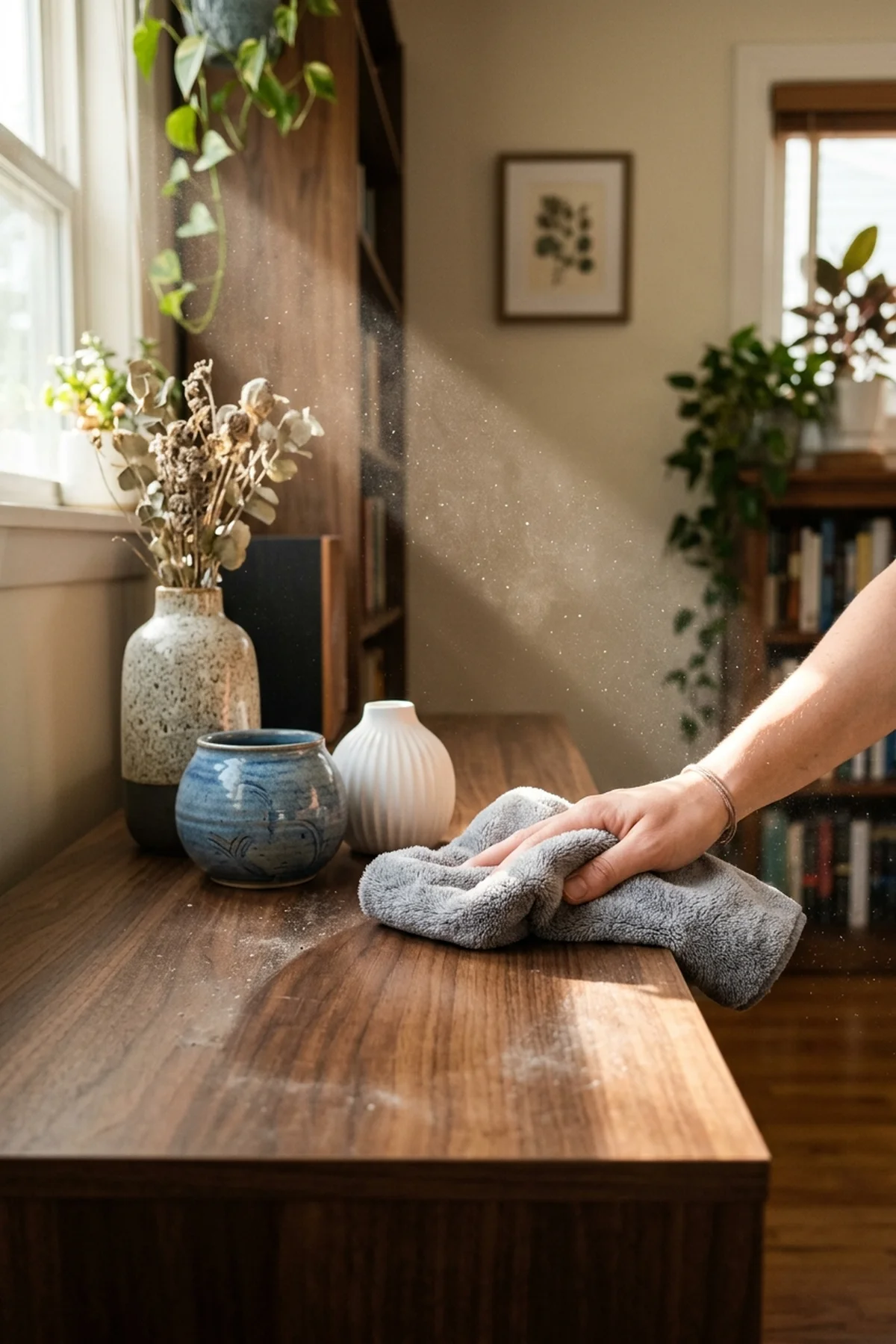 15 Best Cleaning Hacks That Professional Housekeepers Swear By (2026) 10 9. Static-Free Surface Polishing with Dual-Action Split-Fiber Microfiber - cleaning hacks (AI Generated Image)