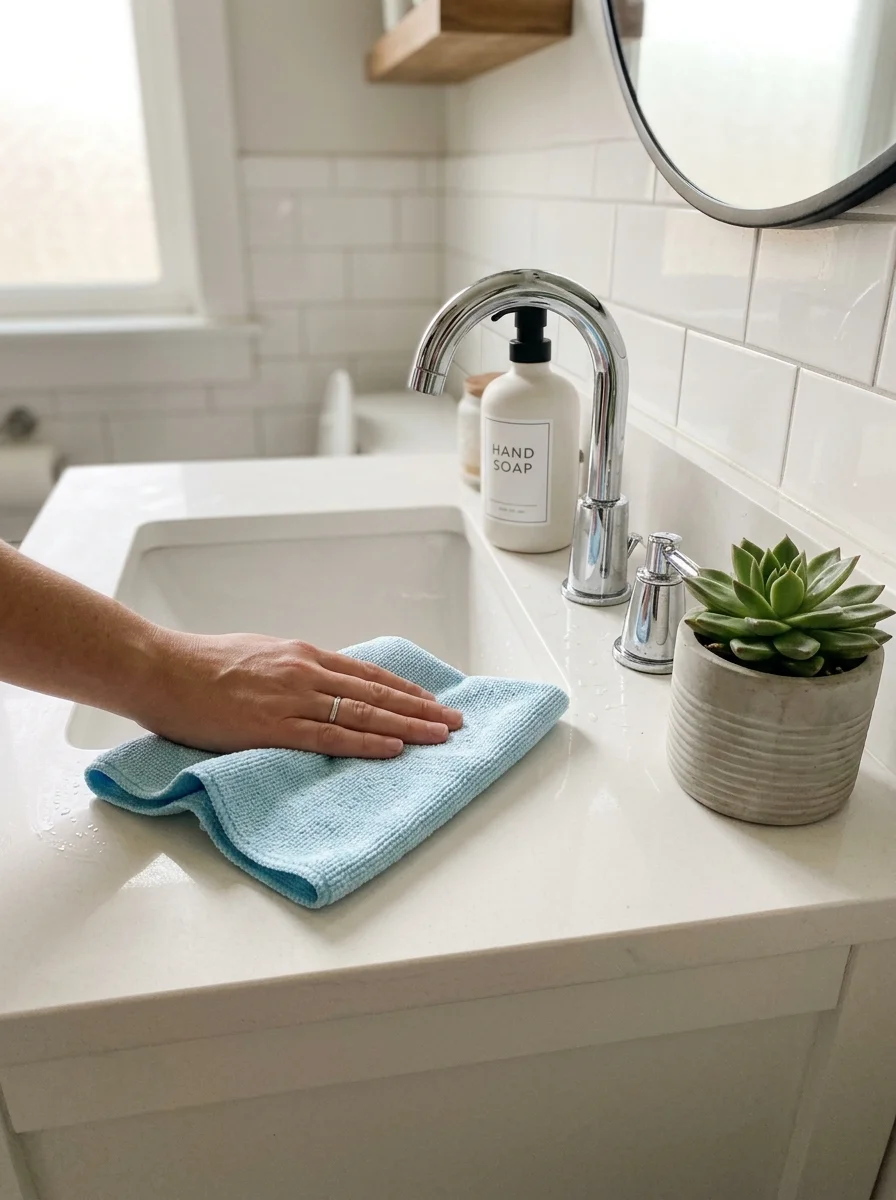 The Realistic Daily Cleaning Checklist: 7 Anti-Burnout Chores 7 daily cleaning checklist bathroom vanity reset color-coded microfiber cloths (AI Generated Image)