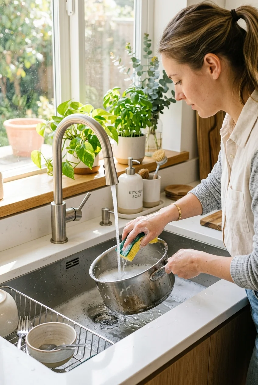 10 Pro Hacks to Clean House Fast: The Room-by-Room Reset 12 clean house scrubber sponge cookware degreaser (AI Generated Image)