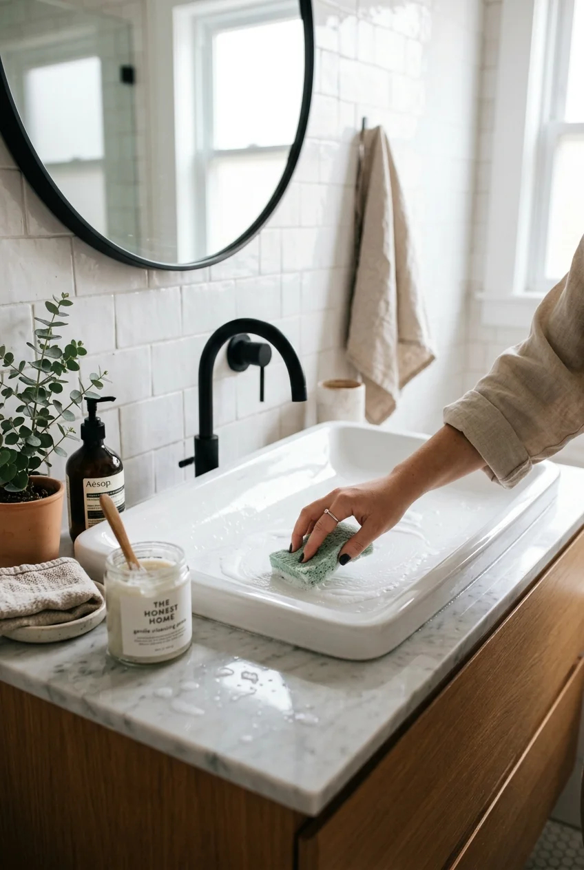 10 Pro Hacks to Clean House Fast: The Room-by-Room Reset 5 clean house bathroom porcelain stain removal (AI Generated Image)