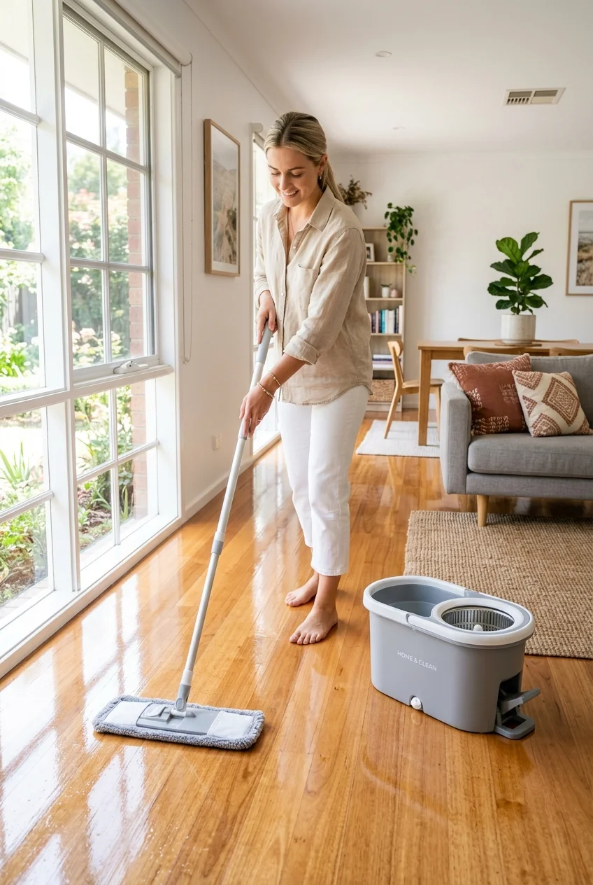 10 Pro Hacks to Clean House Fast: The Room-by-Room Reset 6 clean house floor spin mop sanitation (AI Generated Image)
