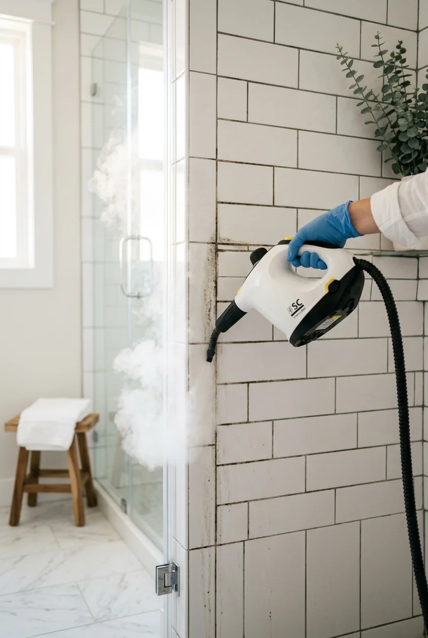 10 Pro Hacks to Clean House Fast: The Room-by-Room Reset 8 clean house bathroom tile grout steam cleaning (AI Generated Image)