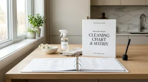 10 Room-by-Room Cleaning Charts: The 15-Minute Zone Reset System 7 Cleaning chart room by room zone reset matrix on kitchen counter (AI Generated Image)