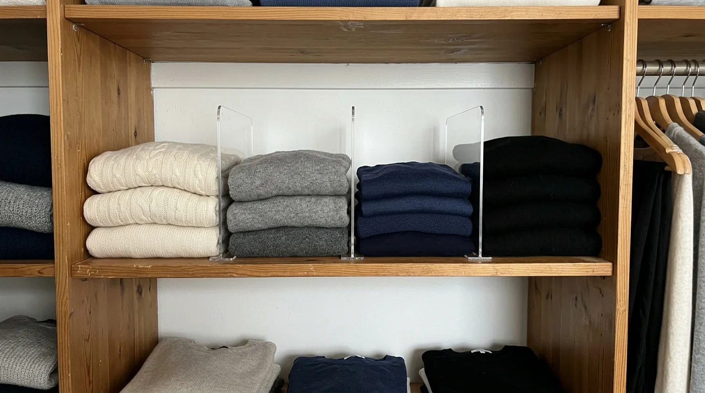 10 Closet Clean Out Aesthetic Hacks for a Dream Wardrobe 6 closet clean out aesthetic clear acrylic sweater shelf dividers (AI Generated Image)