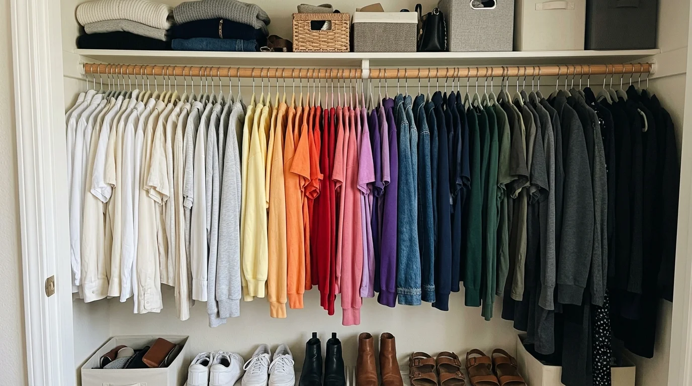 10 Closet Clean Out Aesthetic Hacks for a Dream Wardrobe 5 closet clean out aesthetic light to dark color gradient hanging system (AI Generated Image)