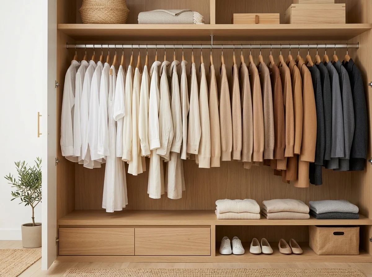 closet clean out aesthetic light to dark color gradient hanging system (AI Generated Image)