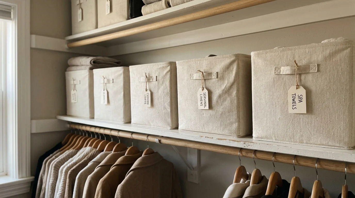 10 Closet Clean Out Aesthetic Hacks for a Dream Wardrobe 8 closet clean out aesthetic breathable linen storage bins (AI Generated Image)