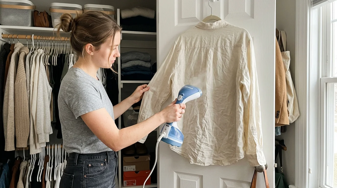 10 Closet Clean Out Aesthetic Hacks for a Dream Wardrobe 10 closet clean out aesthetic fabric lint shaver steamer wool cashmere (AI Generated Image)