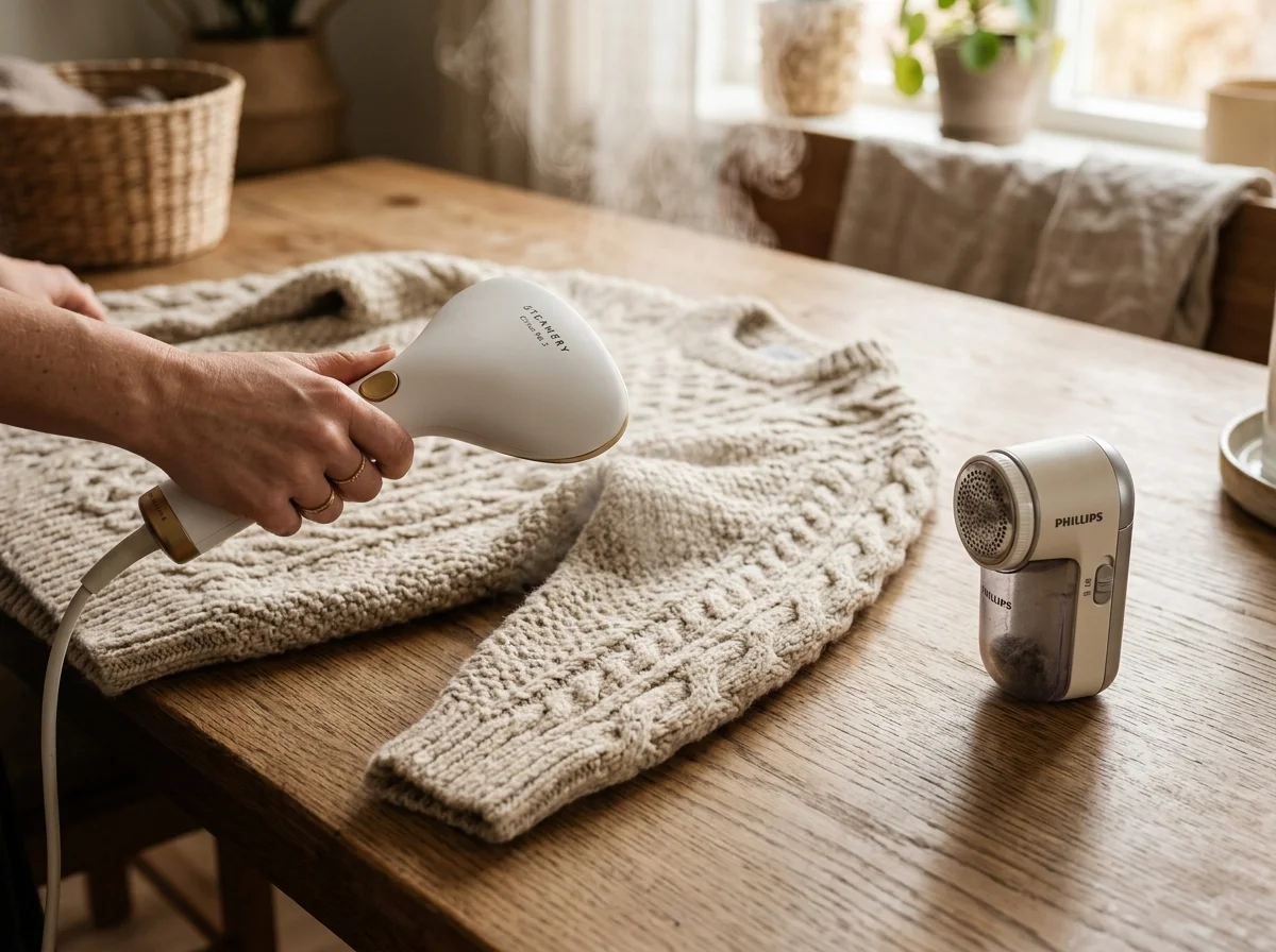 closet clean out aesthetic fabric lint shaver steamer wool cashmere (AI Generated Image)