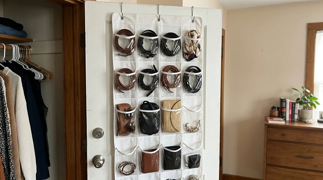 10 Closet Clean Out Aesthetic Hacks for a Dream Wardrobe 12 closet clean out aesthetic over the door hanging organizer small closet (AI Generated Image)