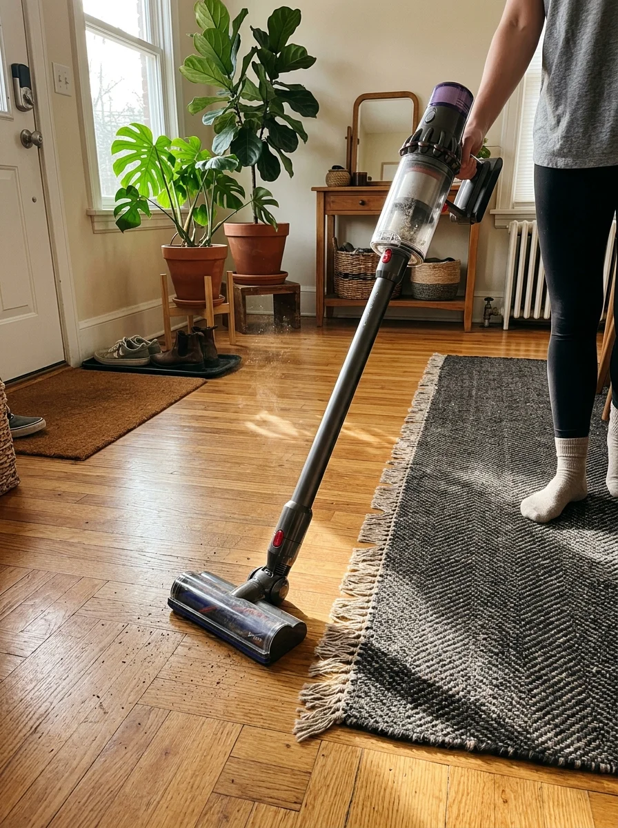 The Realistic Daily Cleaning Checklist: 7 Anti-Burnout Chores 4 daily cleaning checklist high-traffic zone vacuuming HEPA cordless stick vacuum (AI Generated Image)