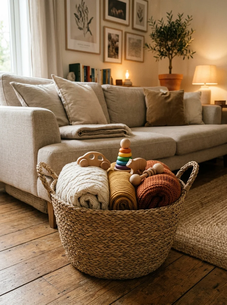 The Realistic Daily Cleaning Checklist: 7 Anti-Burnout Chores 9 daily cleaning checklist evening living room basket sweep blanket fold (AI Generated Image)