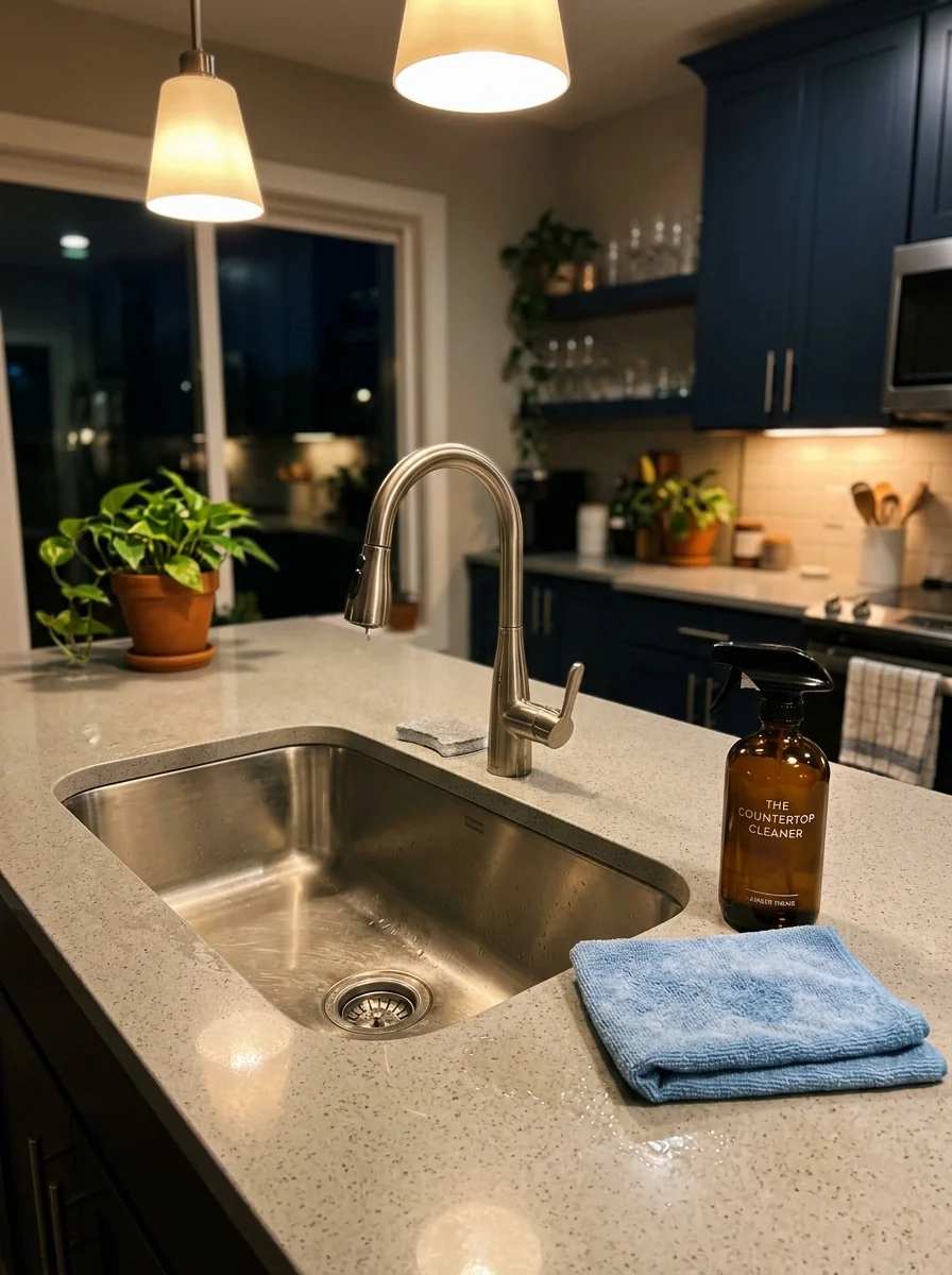 The Realistic Daily Cleaning Checklist: 7 Anti-Burnout Chores 5 daily cleaning checklist nightly kitchen sink reset counter spray-down (AI Generated Image)