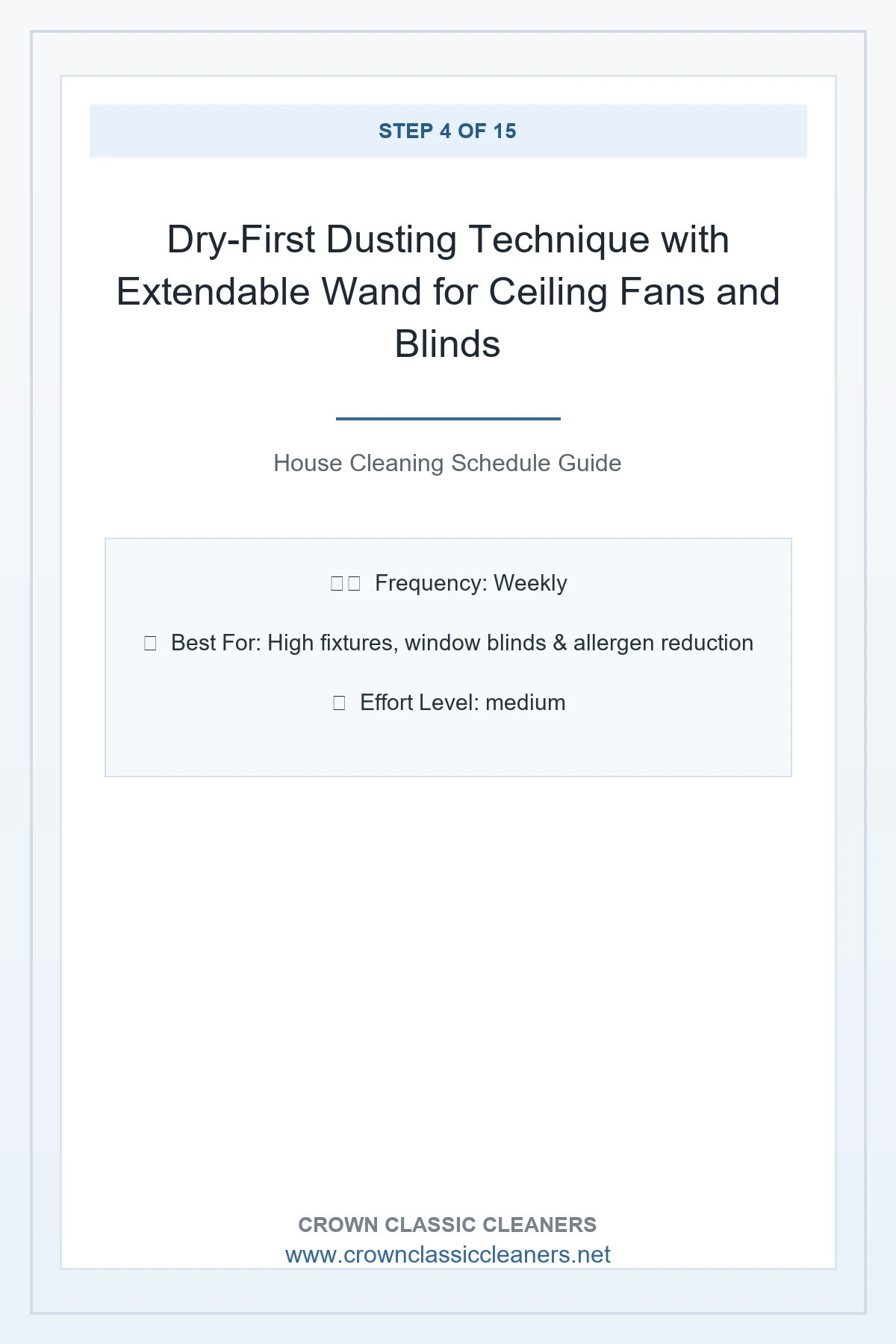 Dry-First Dusting Technique with Extendable Wand for Ceiling Fans and Blinds - house cleaning schedule (AI Generated Image)