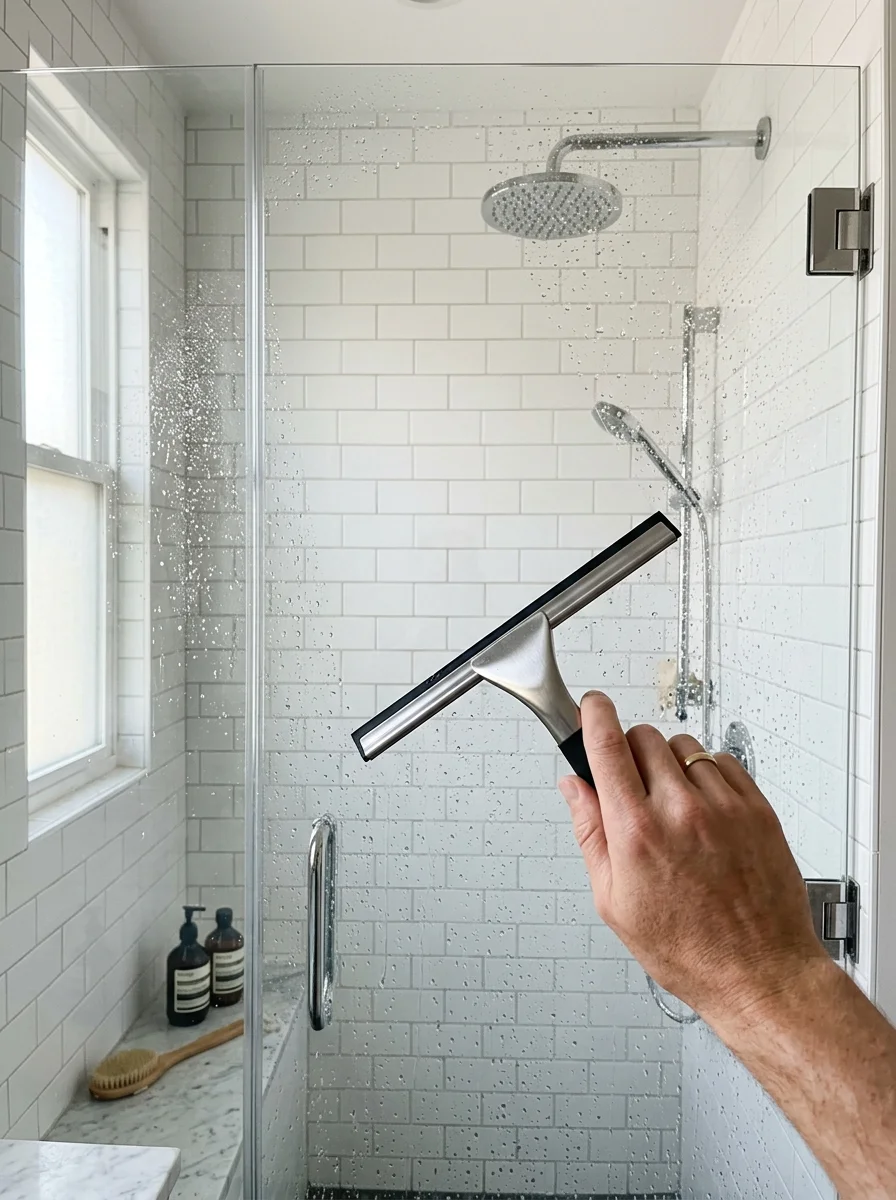 The Realistic Daily Cleaning Checklist: 7 Anti-Burnout Chores 6 daily cleaning checklist post-shower squeegee wipe glass door maintenance (AI Generated Image)