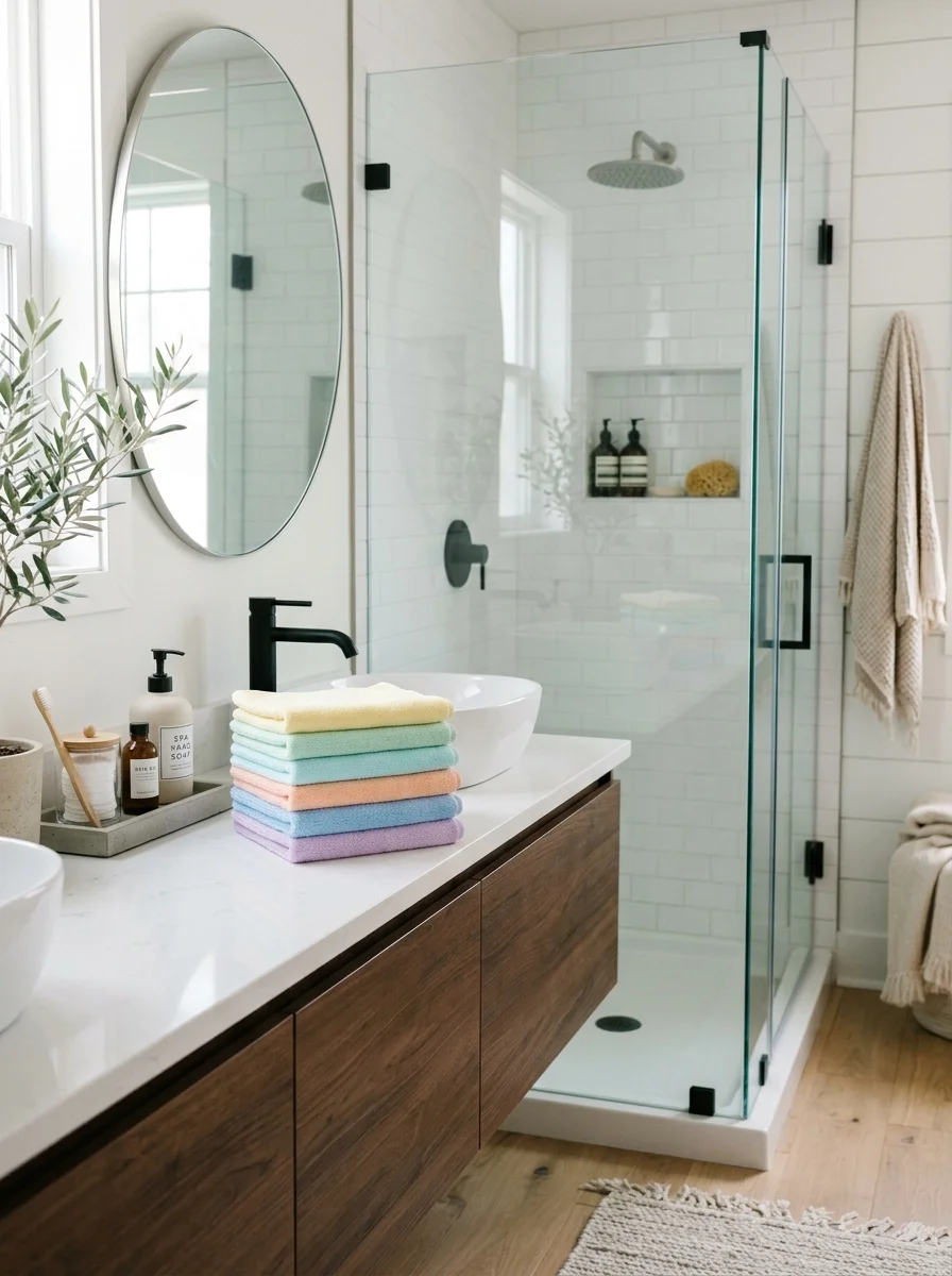 realistic cleaning schedule the color-coded microfiber bathroom wipe-down routine (AI Generated Image)