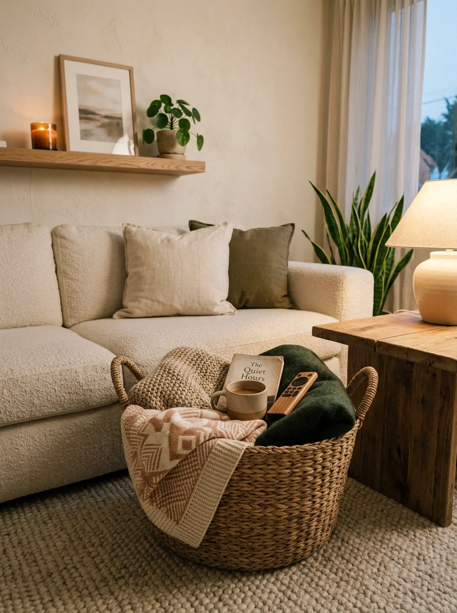 realistic cleaning schedule the 15-minute nightly basket reset for high-traffic living areas (AI Generated Image)