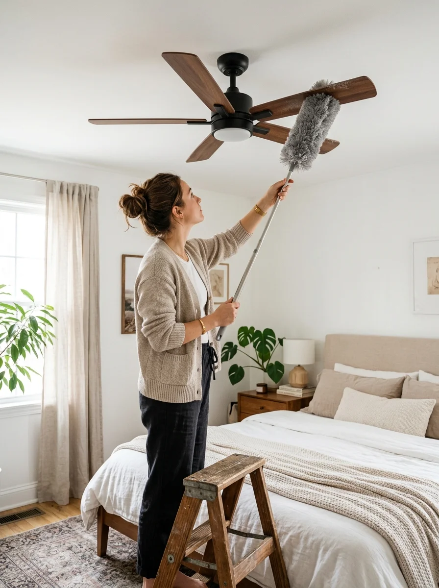 2 spring cleaning checklist high-reach dusting ceiling fans and moldings (AI Generated Image)