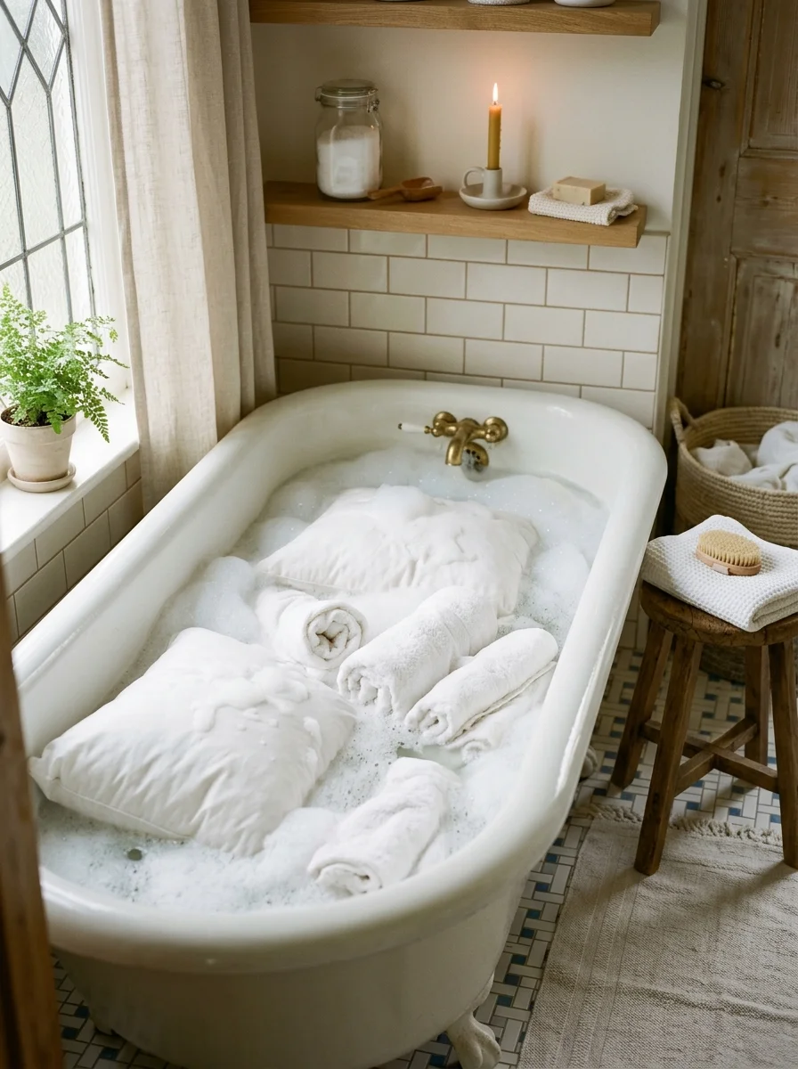 7 spring cleaning checklist laundry stripping bath heavy linens towels (AI Generated Image)