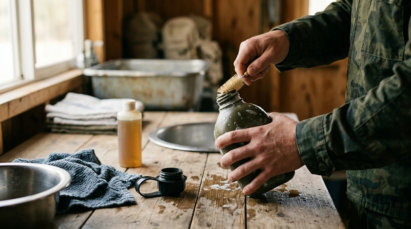 How to Wash a JCLC Canteen — Sanitation & Taste Removal Guide 1 Washing and sanitizing a military cadet water canteen (AI Generated Image)